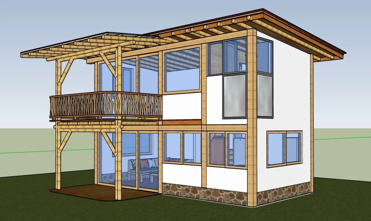 Casa Orquídea under construction at WuWei Village — bamboo and hardwood frame with a view to the valley below.